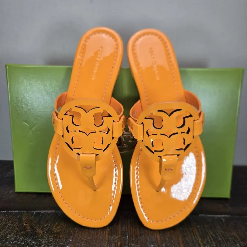 NEW Tory Burch Metal Miller Leather Womens Size 6 Logo Sandal Flip Flops Orange